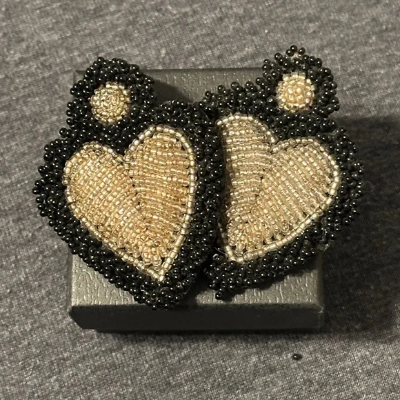 Beaded Heart Earrings, Black & Clear Design - Picture 3 of 3